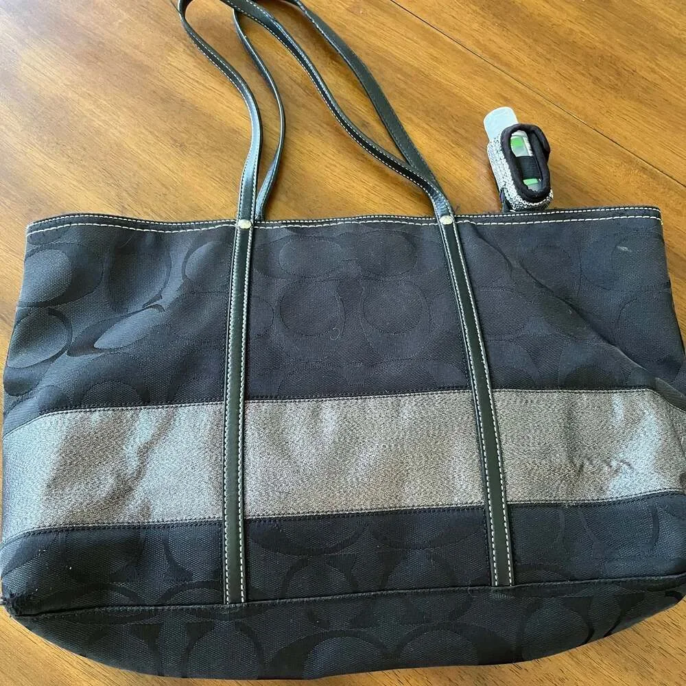 Coach Black Gunmetal Signature Stripe Tote 11098 Handbag Purse